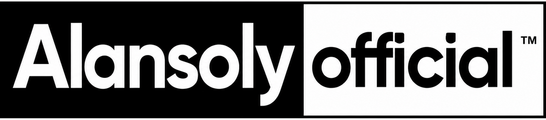 Alansoly official logo in white text on a black and white rectangular background.