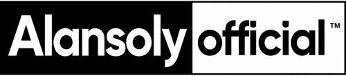 Alansoly official logo in white text on a black and white rectangular background.